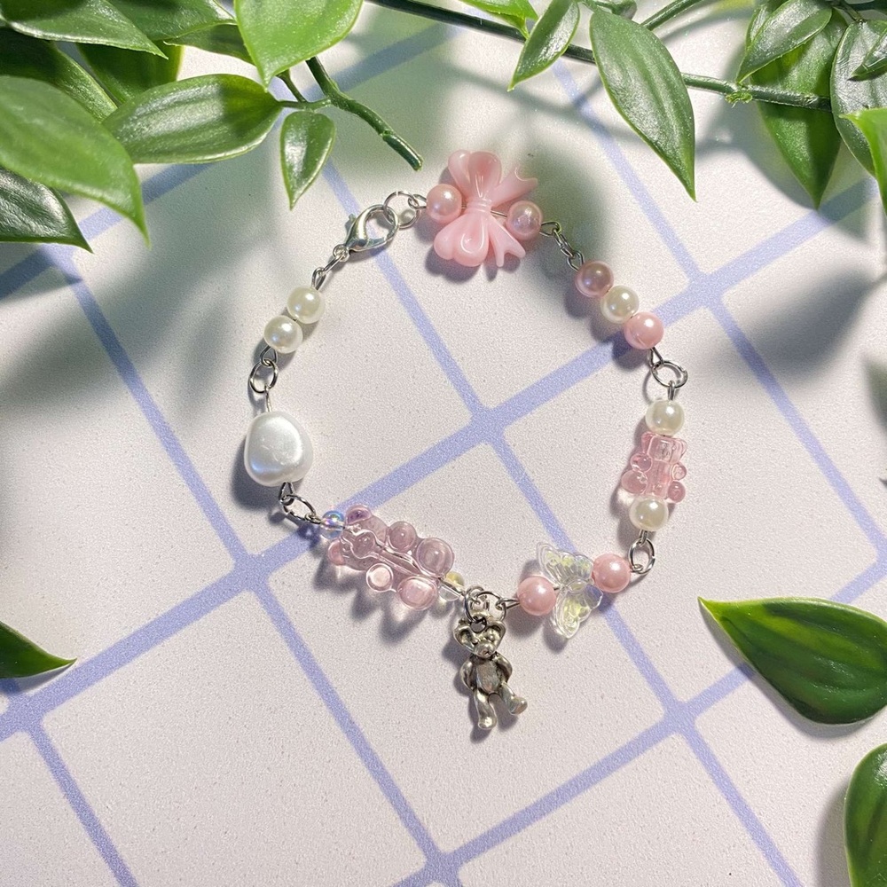 Teddy Bear Pink and Silver Charm Bracelet